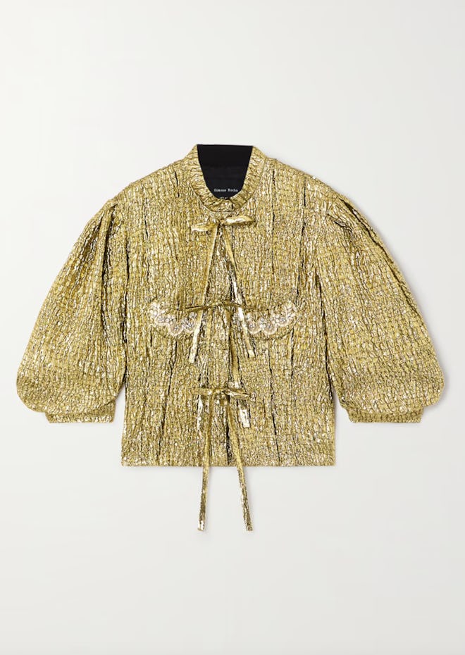 Embellished Lace-Trimmed Metallic Cloqué Jacket