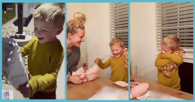 A little boy was so happy to get back is stuffed giraffe after it was left behind on a family vacati...