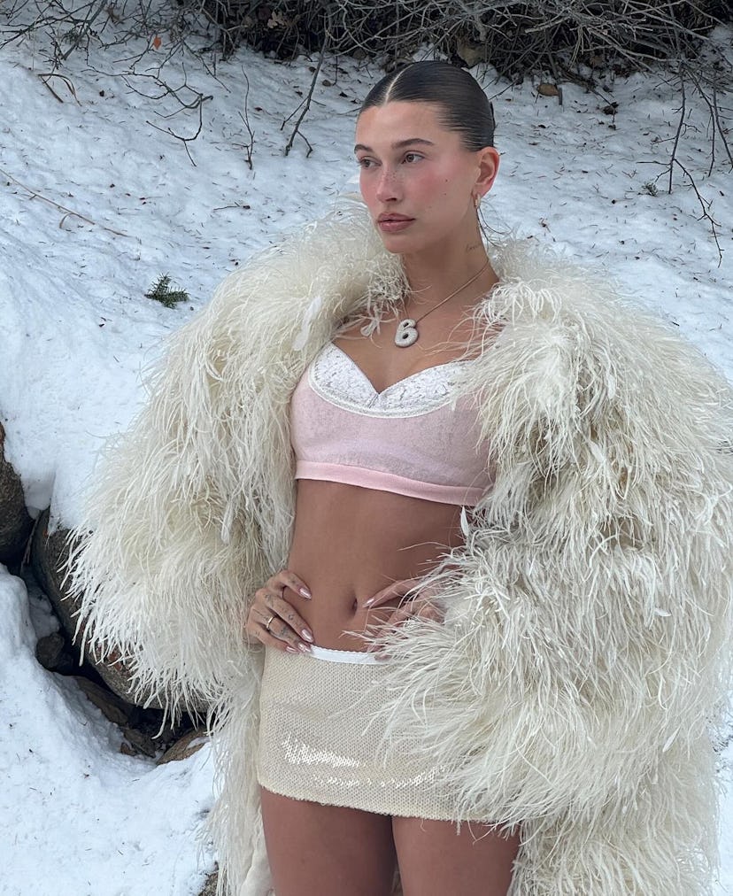 Hailey Bieber wore a bra as a shirt and a micro-mini skirt to kickstart her new sugar plum fairy era