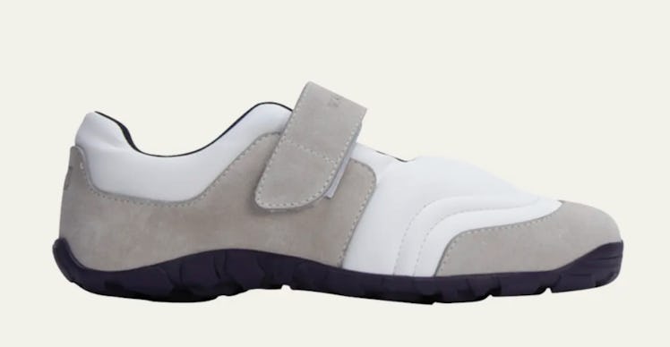 gray and white leather grip sneakers