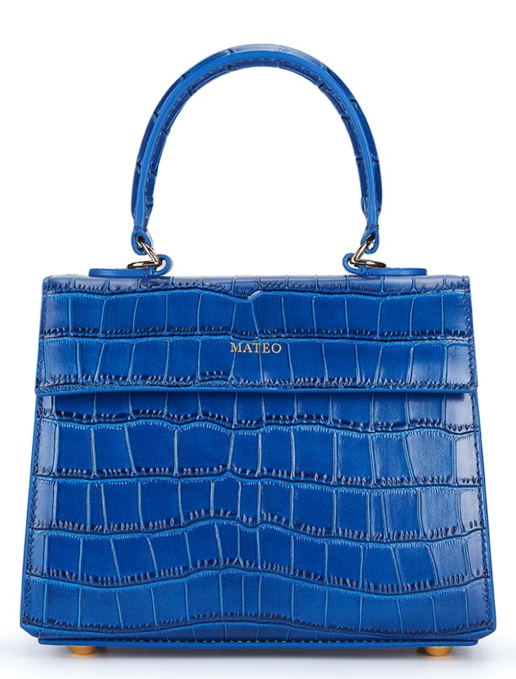 deep blue croc embossed handbag