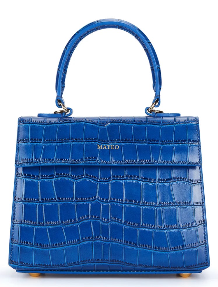 deep blue croc embossed handbag