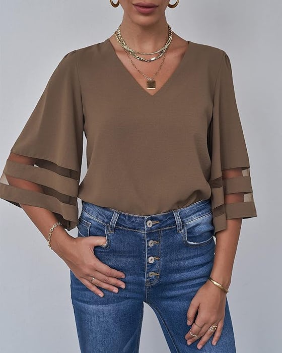 LookBookStore Mesh Panel Bell Sleeve Blouse 