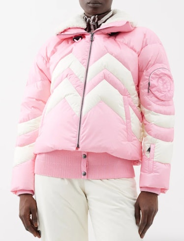 pink and white chevron ski jacket