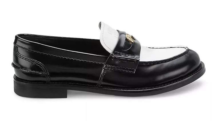 white and black penny loafers