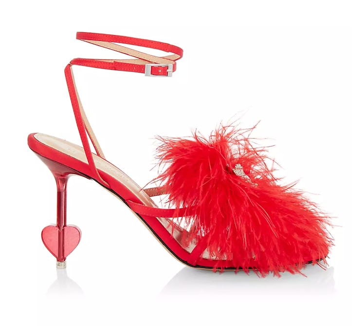 red feather satin sandals