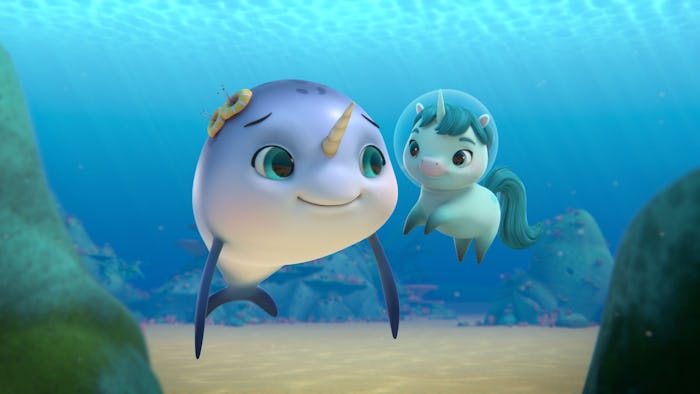 Scallop and Kelp, a narwhal and a unicorn, underwater in the second season of 'Not Quite Narwhal.'