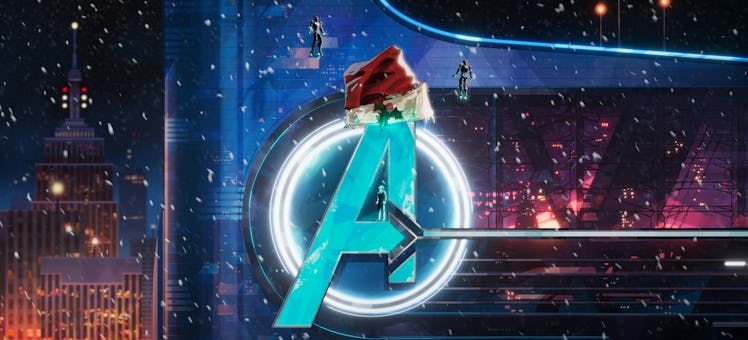 A Santa hat sits atop the Avengers Tower logo in 'What If...?' Season 2