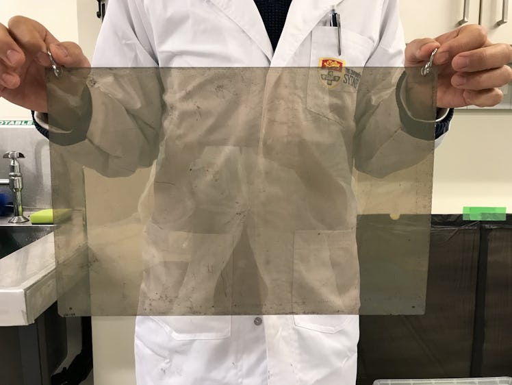 a person in a lab coat holding up a sheet of photographic film speckled with dark spots