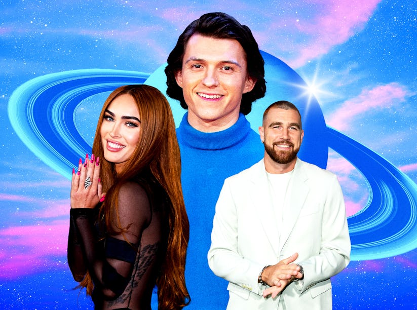 Megan Fox, Tom Holland, and Travis Kelce are all collaged over a blue-tinted image of Saturn, with a...