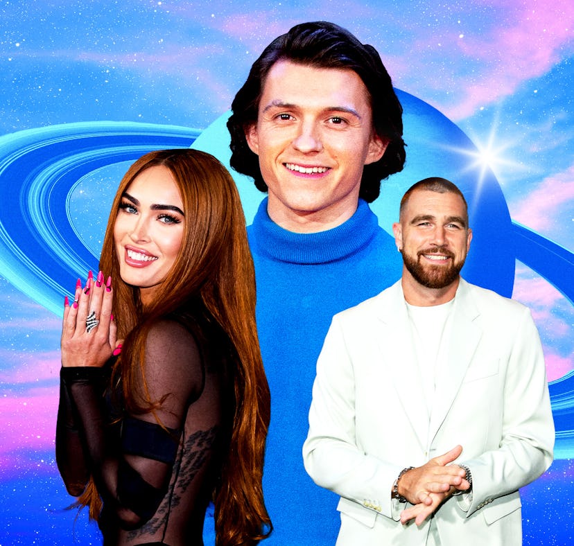 Megan Fox, Tom Holland, and Travis Kelce are all collaged over a blue-tinted image of Saturn, with a...