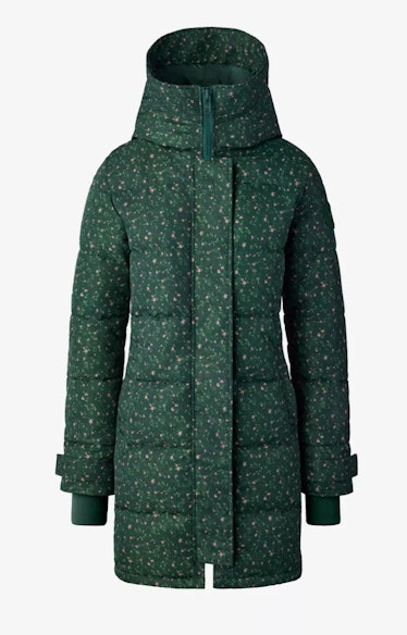 green floral parka jacket