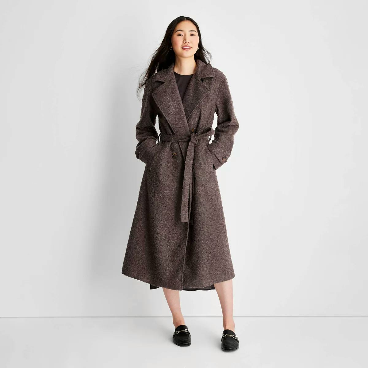 Front-Tie Notched Lapel Double Breasted Long Coat