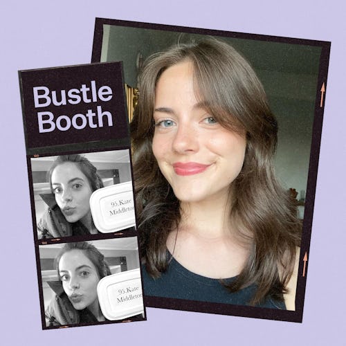 Collage of a smiling woman with text “Bustle Booth” and monochrome insets showing her making faces w…