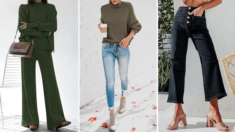 Three women showcasing different styles of trousers: wide-leg, skinny, and cropped flared, paired wi...