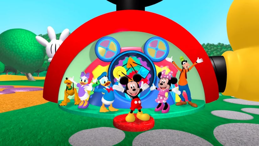Mickey Mouse and friends standing outside the Clubhouse, with colorful background and playful design...