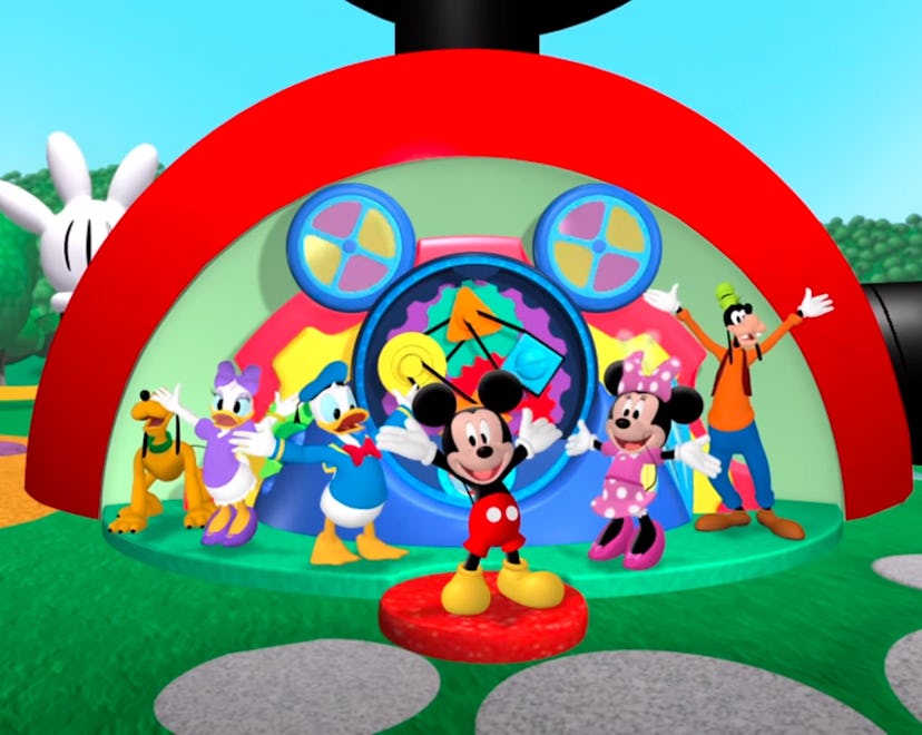 Mickey Mouse and friends standing outside the Clubhouse, with colorful background and playful design...