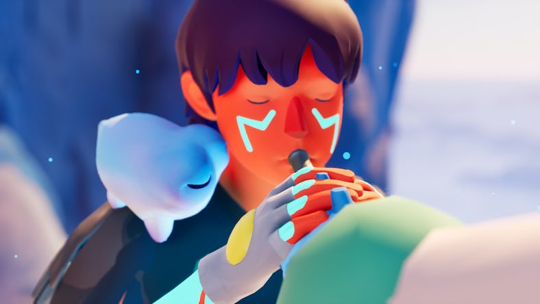 Animated boy with a face paint, holding a microphone, with a blue bird gently resting on his shoulde...