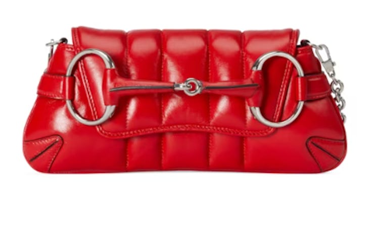 red shoulder bag with horsebit chain