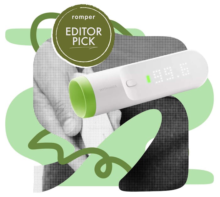 Digital thermometer showcased with an "EDITOR PICK" badge from Romper, against an abstract green and...
