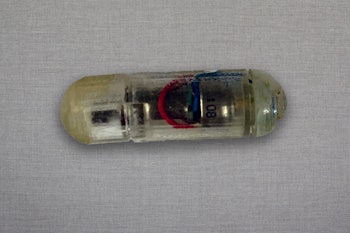 A clear glass vial with a cork stopper containing a small object with red and blue elements on a gra...