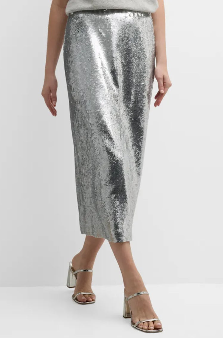silver sequin midi skirt