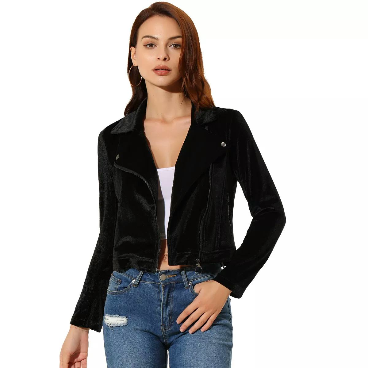 Velvet Zipper Lapel Collar Moto Biker Jacket