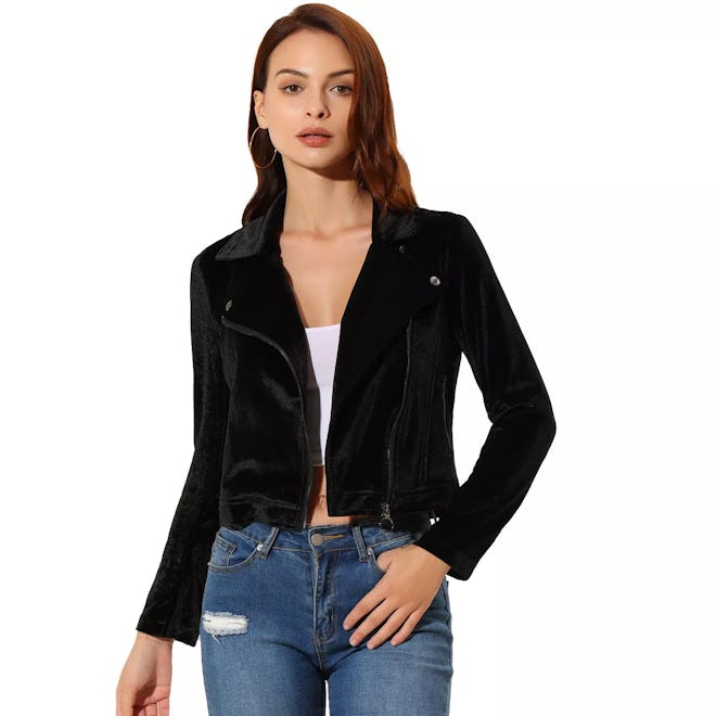 Velvet Zipper Lapel Collar Moto Biker Jacket