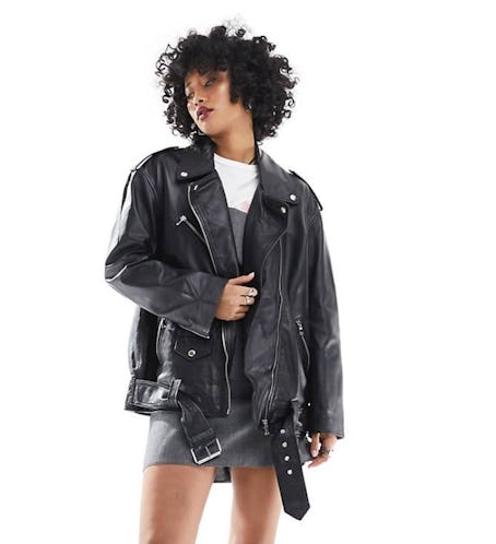 ASOS DESIGN oversized premium real leather biker jacket in black
