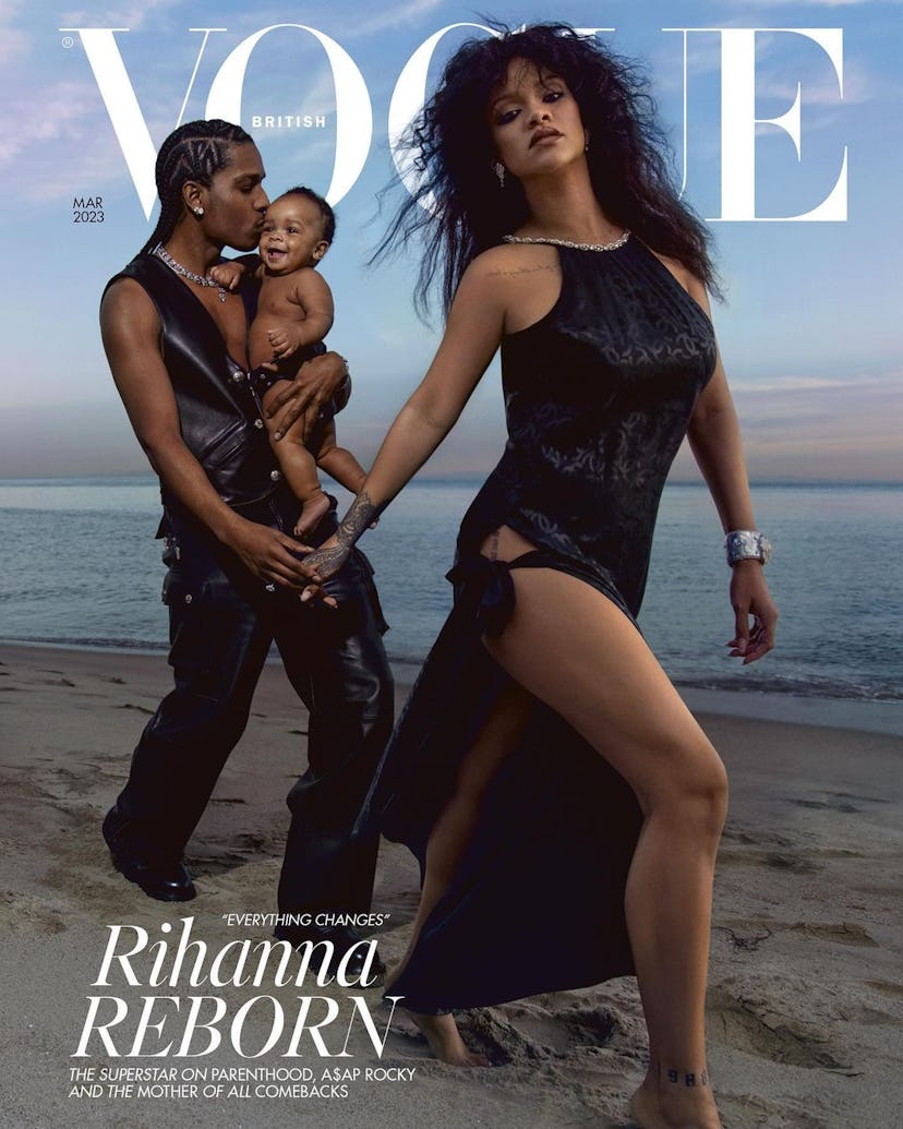 Rihanna, A$AP Rocky, and son grace the cover of Vogue UK's March 2023 issue. 