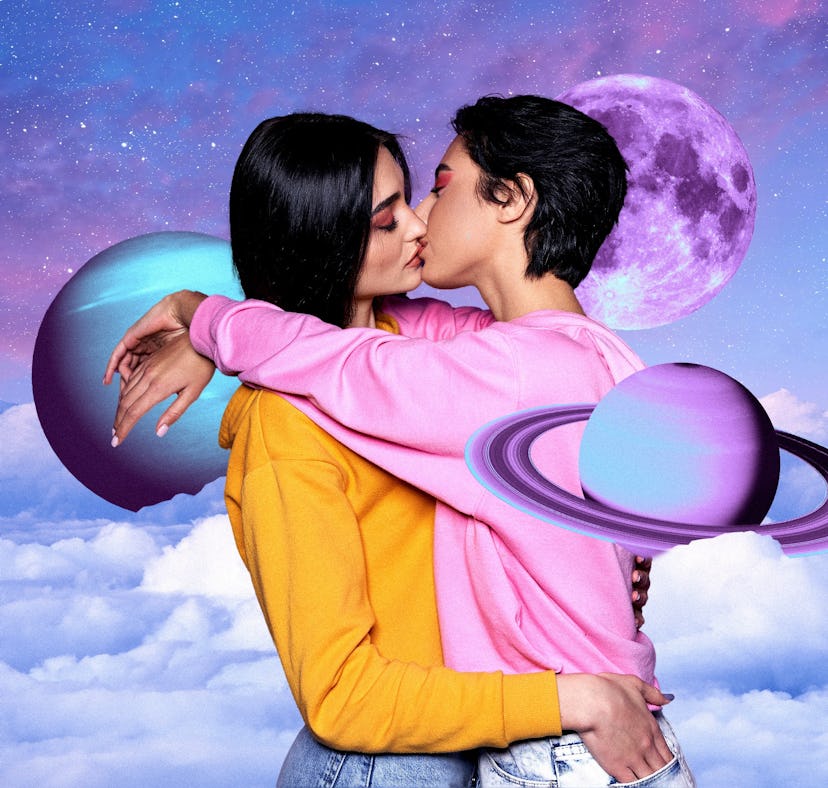 Two women embracing against a cosmic backdrop with a large moon and planets, conveying a dreamy, rom...