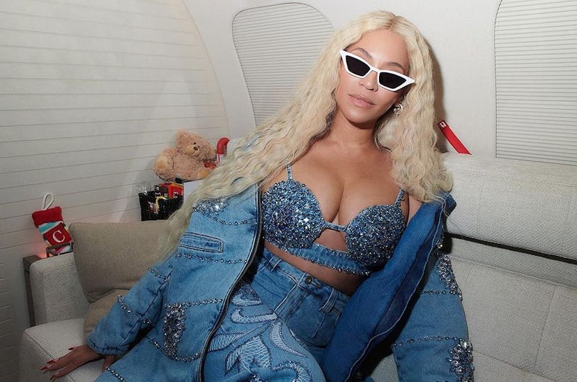 Beyoncé wore a crystal-encrusted denim bra, jeans, and jacket.