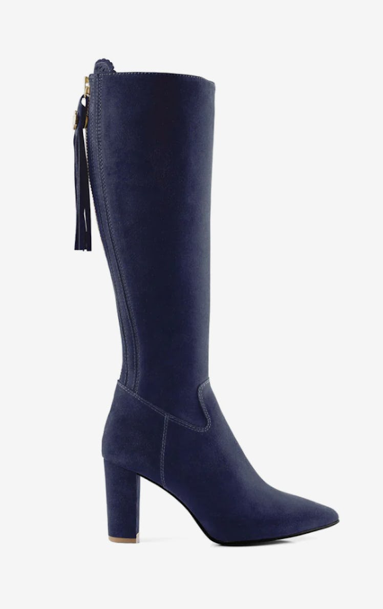 navy blue suede heeled boots