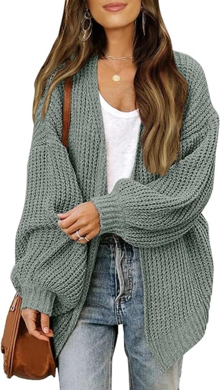 MEROKEETY Chunky Lantern Sleeve Cardigan 