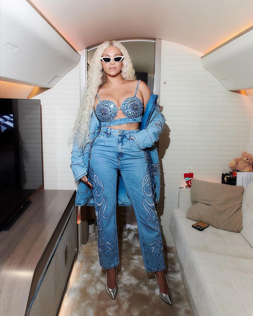 Beyoncé wore a crystal-encrusted denim bra, jeans, and jacket.