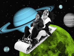 Two women sledding on a planet after reading their January 2024 horoscope.