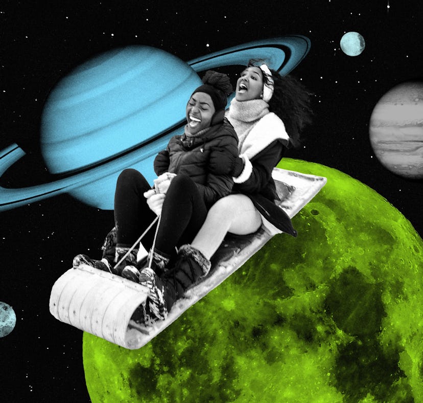Two women sledding on a planet after reading their January 2024 horoscope.