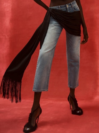 mid wash jeans with fringe scarf