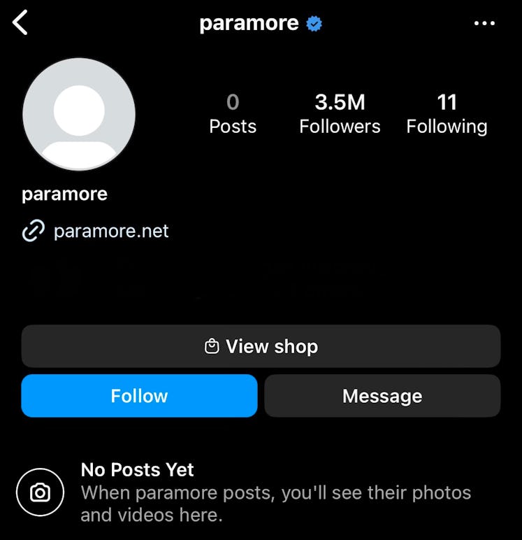 Screenshot of Paramore's Instagram account, which sparked band breakup rumors