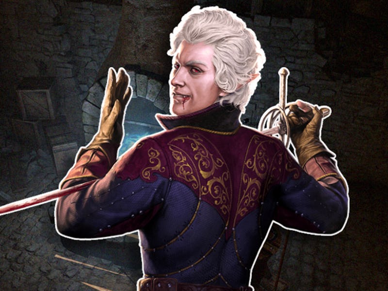Astarion cleaning his bloody sword in front of a blacksmith forge in Baldur's Gate 3.