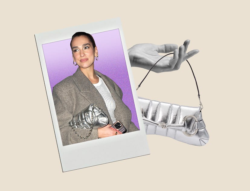 Dua Lipa carries the Gucci Horsebit Chain bag in quilted metallic silver.