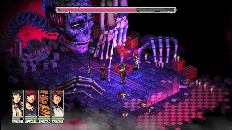Demonschool combat screenshot of party facing off against giant skull enemy.