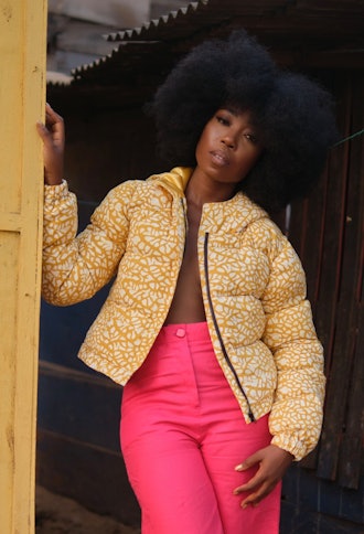 yellow and white cropped puffer jacket