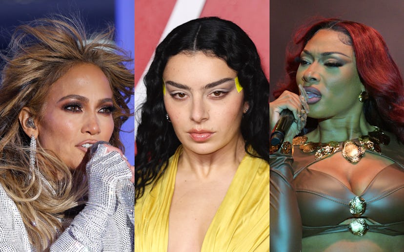 Jennifer Lopez, Charli XCX, and Megan Thee Stallion performing, each in different colorful stage out...