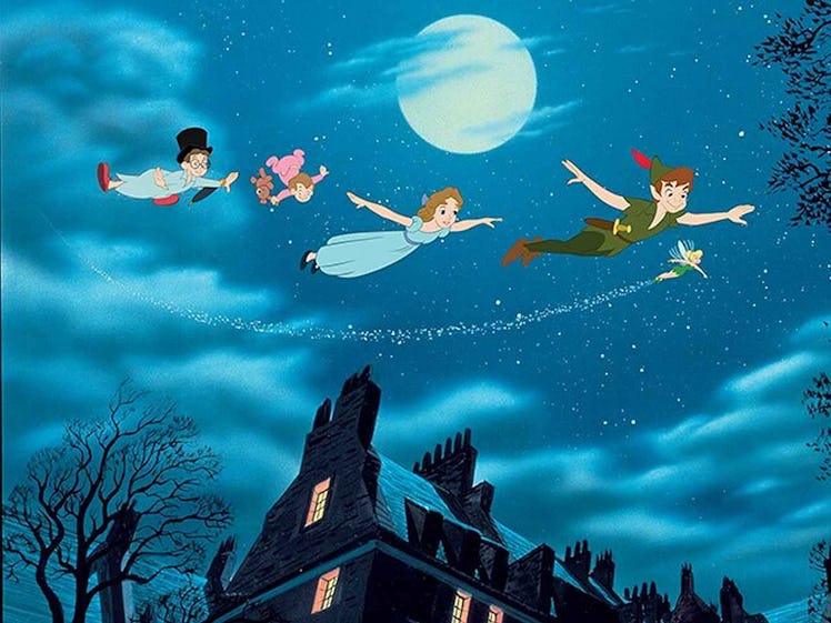 Peter Pan Disney movie still of Peter and Darling children flying