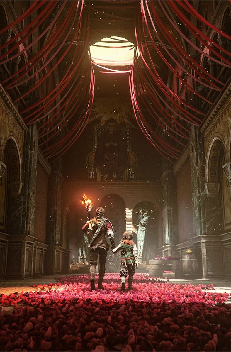 Plague Tale Requiem shot of protagonists inside hall with red roses on floor