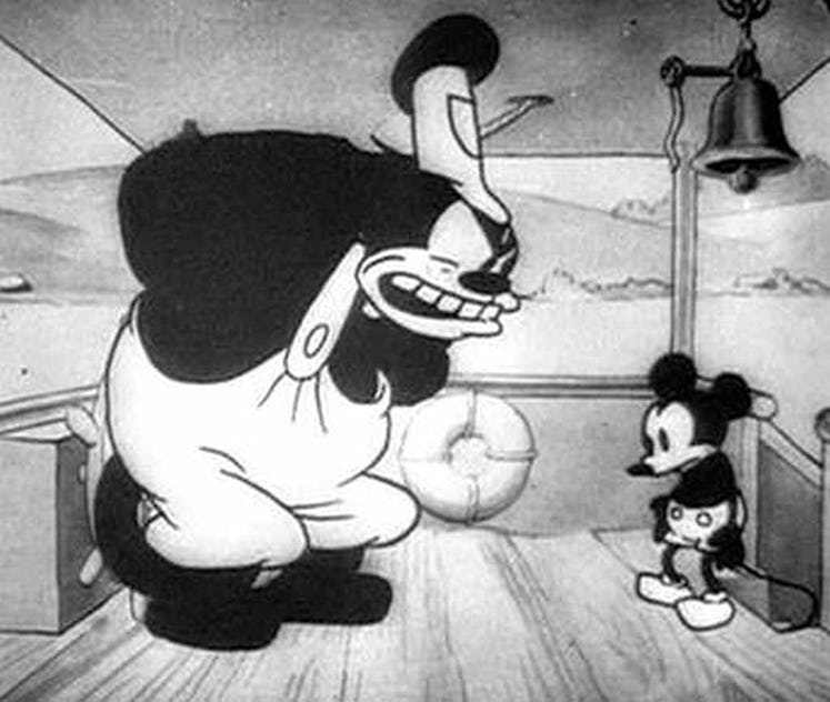 Pete faces down Mickey in Steamboat Willie