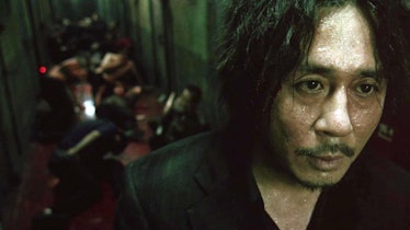 Oh Dae-su and the remains of the hallway fight scene in Oldboy.