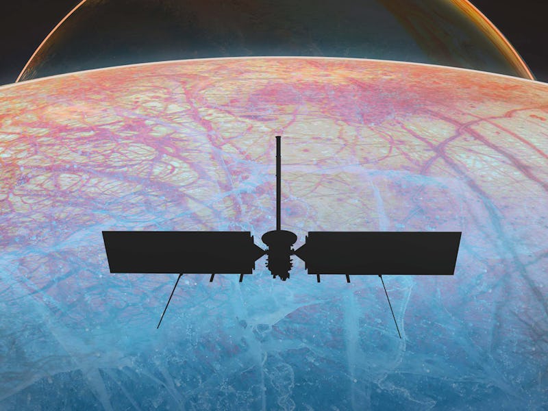 A spacecraft with two big wings and a beam creates a dark silhouette. Behind it, the cracks and stre...