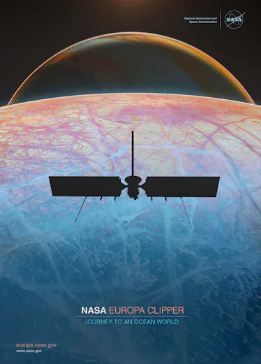 A spacecraft with two big wings and a beam creates a dark silhouette. Behind it, the cracks and stre...